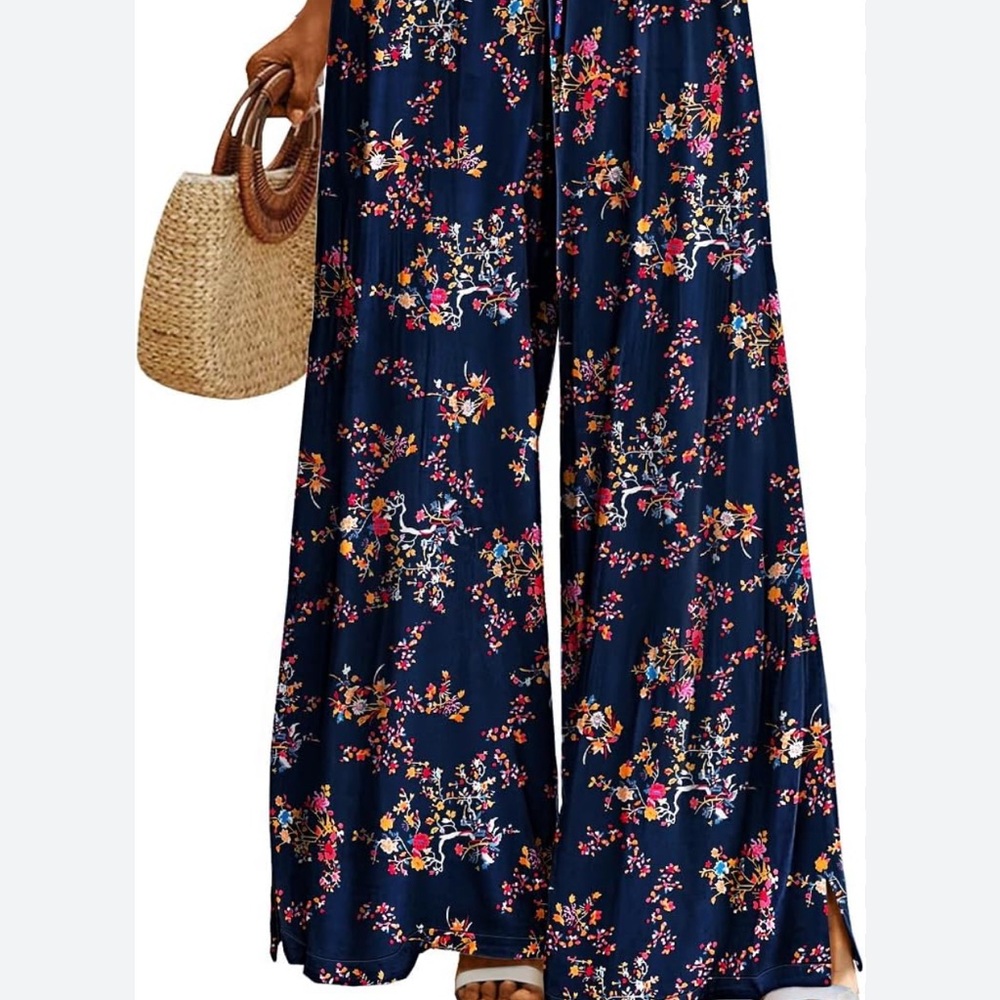 Yesno Blue Wide Leg Jumpsuit with Floral Print and V-Neckline